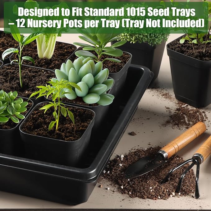 100 Pack Plant Nursery Pots 3.15 Inch, Durable Square Seedling Pots with Drainage Holes, Reusable Small Plastic Flower Pots for Seed Starting, Transplanting, Herb Garden RooTrimmer