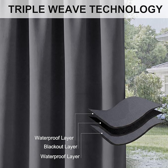 RYB HOME Outdoor Curtains for Patio Waterproof Block Sunlight Thermal Insulated Privacy Assured Thick Outside Curtains for Deck, Balcony, Pool, W52" x L63", Grey, 1 Panel RYBHOME