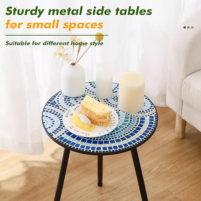 1 Pack Metal Outdoor Side Table Small Outside Round End Table for Patio Modern Accent Garden Corner Table for Small Spaces, Balcony, Porch, Weather-Resistant, Plant Stand Indoor, Round Mosaic PartyZealot