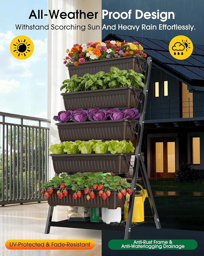 5-Tier Vertical Garden Bed Planter Boxes with Drainage System & Storage Space, Freestanding Vertical Garden Planter with 5 S-Hooks for Plants Vegetables Flowers Herbs in Garden Patio Yard Rootora