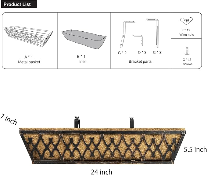 4 Pack 24 Inch Window Boxes Planters Railing Planter Box with Adjustable Brackets for Porch Fence Patio Balcony Hanging Flower Baskets with Coco Liners for Outdoor Garden Decor - Bronze KarlliuHOMEGARDEN