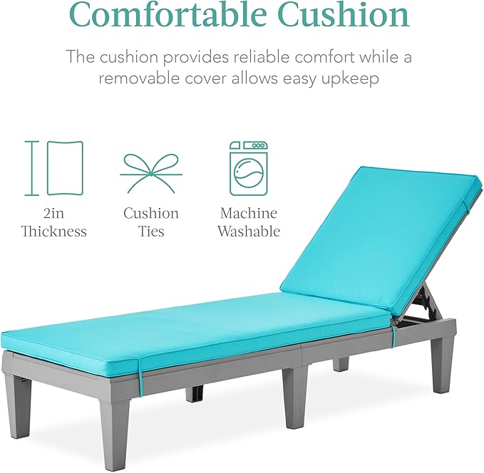 Best Choice Products Outdoor Lounge Chair, Resin Patio Chaise Lounger for Poolside, Backyard, Porch w/Seat Cushion, Adjustable Backrest, 5 Positions, 330lb Capacity - Gray/Teal BestChoiceProducts