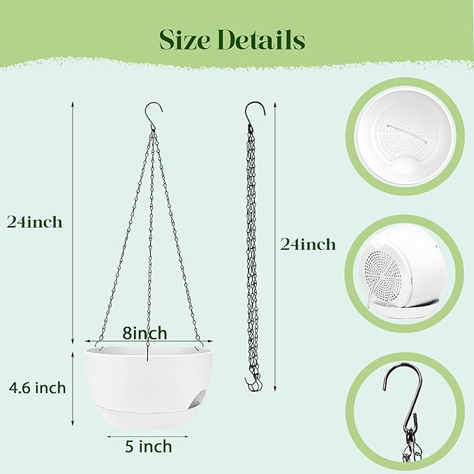 Set of 2-8 Inch Self Watering Hanging Planters for Indoor Outdoor，Hanging Plant Pots with Drainage & Removable Tray, Hanging Pots Holder for Ivy, Pothos, Ferns, Balcony & Patio, White zople