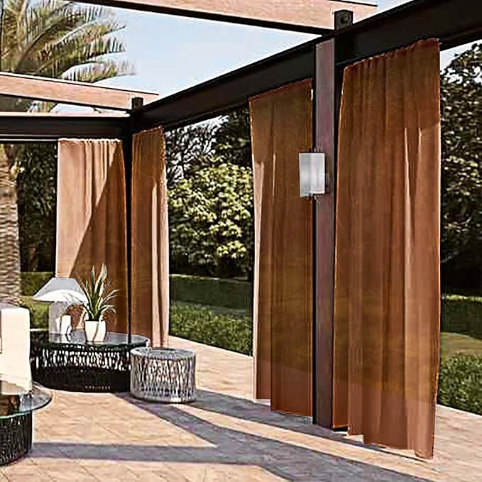 SpaceDresser Waterproof Outdoor Sheer Curtains for Patio - 2 Panels Rod Pocket Indoor Voile Sheer Curtain for Living Room,52W x 84L inch, Brown SpaceDresser