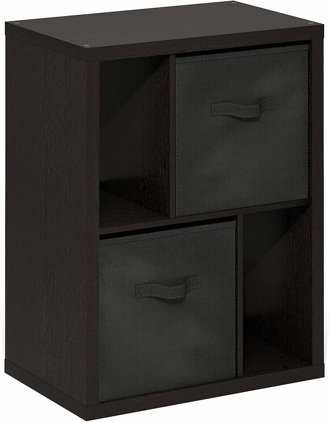 Furinno Viola Storage Shelf, 4-Tier Storage Rack with Bins, Book Shelf, Bookshelf, Display Rack with Drawer Bins, Extra Thick Frame, for Organization, Living Room, Home Office, Black Dark Oak Furinno-FitsYourSpaceFitsYourBudget