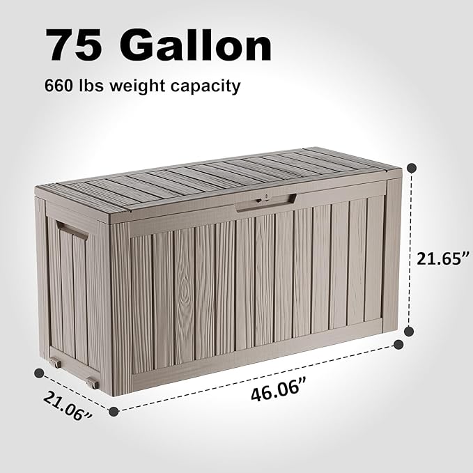 DRATO 75 Gallon Deck Box, Waterproof Resin Large Outdoor Storgae Box for Patio Furniture, Patio Cushions, Gardening Tools, Pool Supplies, Lockable（Gray，75 Gallon） DRATOprovidesawarmandcozy