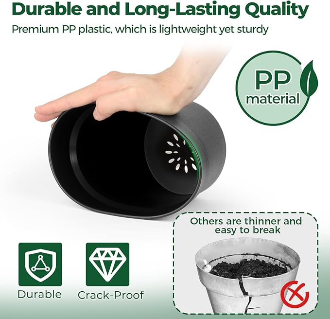T4U 6 Inch Plant Pot 8-Pack, Plastic Planter with Drainage Hole and Saucer, Decorative Nursery Pots Bulk for African Violet, Snake Plant, Succulent, Herb and Plants Indoor (8 Pcs 6" Pots, Black) T4U