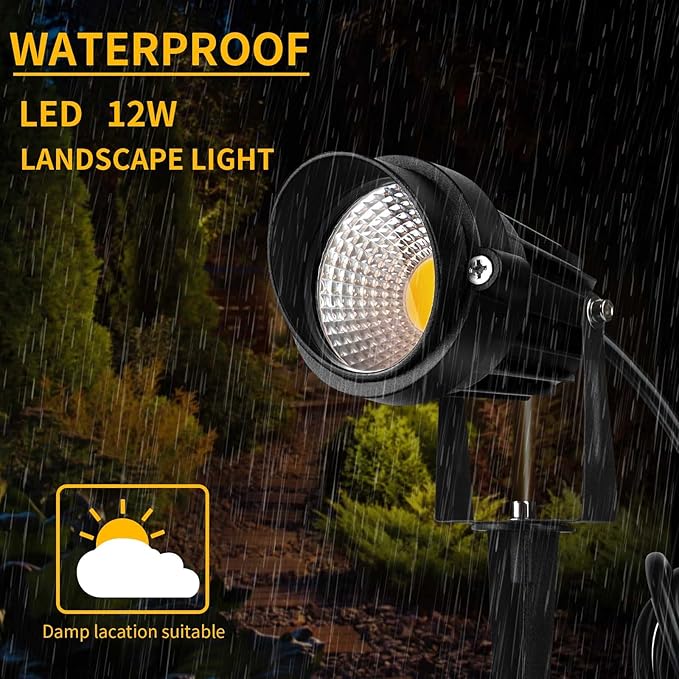 Warm White Spot lights Outdoor, 12W 3000K Landscape Spot Lights, IP65 Waterproof Garden Lighting, Metal Case COB LED Lights for Lawn Lamp US 3- Plug Yard Christmas Decoration with Stakes(2 Pack) kooplicht