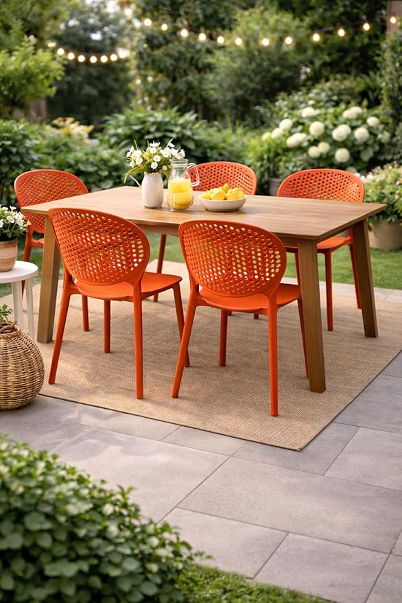 2xhome Set of 4 Patio Dining Chairs | Modern Stackable Outdoor Pool Side Chair | Weather Resistant Plastic for Yard, Porch, Balcony, Kitchen, Orange 2xhome