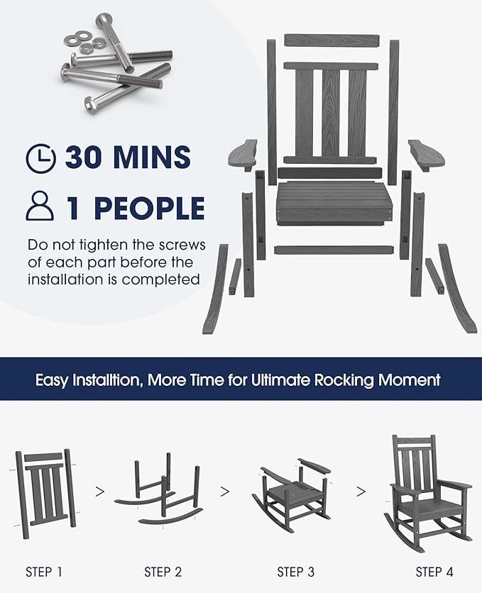 KINGYES Oversized Outdoor Rocking Chair Set of 2, All-Weather Patio Rocking Chairs for Porch, HDPE Outdoor Patio Rockers with High Back & Wide Seat for Garden, Lawn, Gray KINGYES