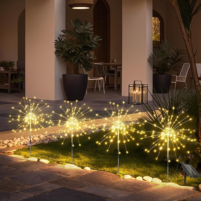 Anordsem Solar Fireworks Lights Outdoor: 4 Bendable Copper Wire 120 LEDs String Lighting - Waterproof DIY Warm Decoration for Yard Garden Proch - Gardening Gifts for Garden Lovers Anordsem