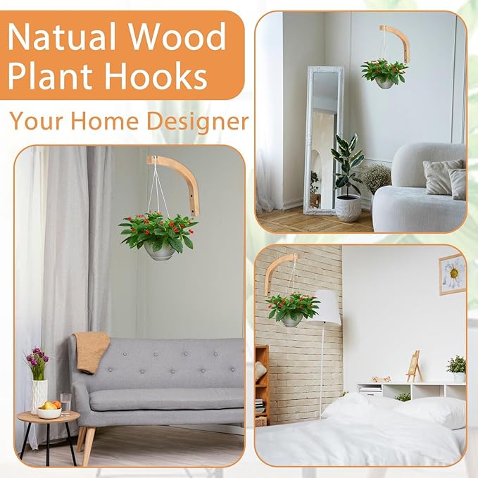 Wooden Wall Hooks for Plants - 8 Inch Indoor Plant Hangers, 2 Pack Decorative Wood Wall Hooks for Hanging Planters, Lanterns, Wind Chimes & Garden Decor (Natural Wood, Heavy Duty) Smowfes