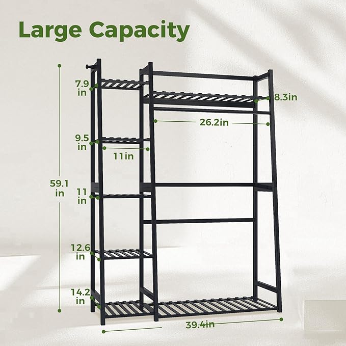 Bamworld Plant Shelf Indoor 55" Tall Bamboo Plant Shelves 5 Tier Hanging Plant Stand Large Ladder Shelf Flower Stand Plant Holder Plant Rack for Garden Balcony Home Decor Living Room Bedroom Black Bamworld