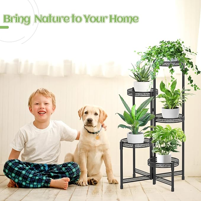 iDavosic.ly Plant Stand Indoor Outdoor, 5 Tier Corner Metal Flower Display Holder Shelf, Easy Assembly Folding Tall Orchid Rack for Patio Balcony Porch Garden Living Room House, Wrought Iron - Modern Black iDavosicly
