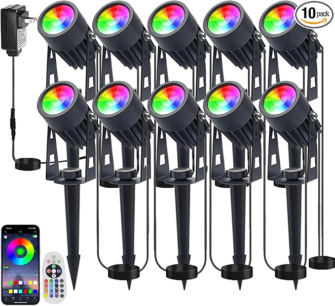 Smart RGB Low Voltage LED Spotlights, APP & Remote Control,Synchronous Dimming Lighting System, IP65 Waterproof,16 Million Colors for Outdoor Landscape,Yard,Garden,Holiday Decoration (10 Pack) Sathem