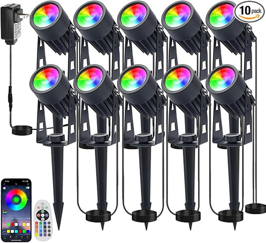 Smart RGB Low Voltage LED Spotlights, APP & Remote Control,Synchronous Dimming Lighting System, IP65 Waterproof,16 Million Colors for Outdoor Landscape,Yard,Garden,Holiday Decoration (10 Pack) Sathem