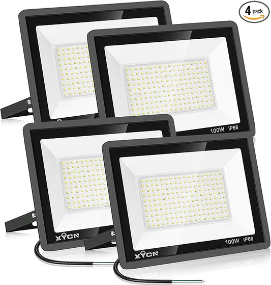 4 Pack 100W LED Flood Light, IP66 Waterproof Outside Flood Light, 12500LM Super Bright Outdoor Security Lights, 5000K Daylight White Floodlight for Yard Garden Playground Basketball Court Patio XYCN