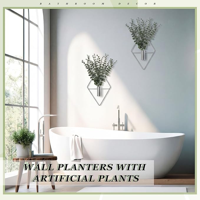 Jexine 8 Pcs Hanging Planters with Artificial Eucalyptus Metal Hanging Vase Indoor Plants Holder Modern Geometric Boho Bathroom Wall Decor for Living Room Home Office (Eucalyptus,Silver) Jexine