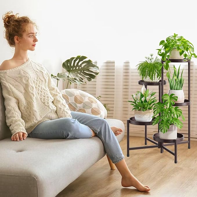 iDavosic.ly 5 Tier Large Plant Stand Indoor, 10 Inch Wide Tall Corner Metal Plant Stands Outdoor for Multiple Plants, Folding Tiered Flower Display Holder Rack Shelf, Violet Bronze iDavosicly