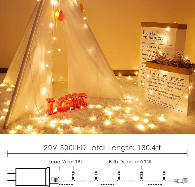 Super-Long 180FT 500 LED Christmas String Lights Indoor Outdoor,13 Modes Warm White Christmas Lights Waterproof, Twinkle Fairy Lights Plug in Clear Wire for Christmas Tree Bedroom Wedding Party SANJICHA
