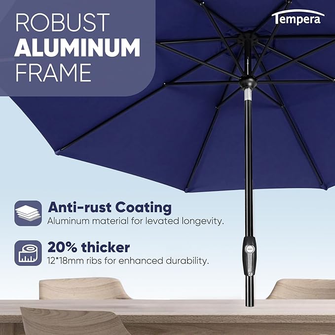 Tempera Patio Market Outdoor Table Umbrella with Auto Tilt and Crank, Large Sun Umbrella with Sturdy Pole & Fade Resistant Canopy, Easy to Set TemperaPatioLife