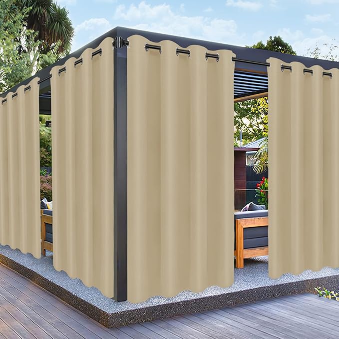 PureFit Outdoor Curtains for Patio Waterproof Weatherproof, UV Resistant Outside Curtains for Gazebo, Front Porch, Pergola, Sun Blocking Privacy Curtain, 52W x 108L inch, Set of 2, Beige PureFit