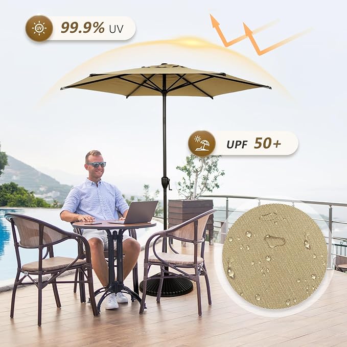Abba Patio 7.5FT Lyon Outdoor Patio Umbrella Outdoor Table Umbrella with Push Button Tilt and Crank Market Umbrella 6 Sturdy Ribs UV Protection Waterproof for Garden Deck Backyard Pool Tan AbbaPatio
