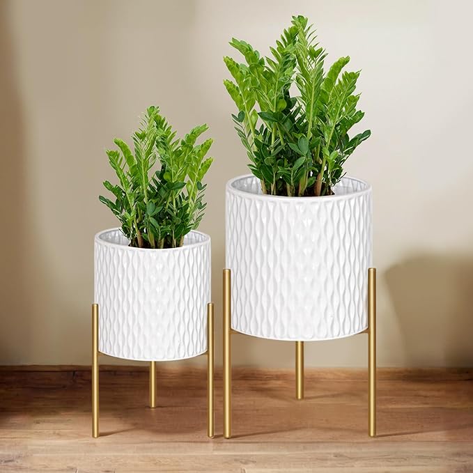 ARNIS Plants Pots with Stand, Set of 2 P lanters, Unique Mid Century Decorative Metal Flower Pots with Drainage, 8.25 & 10.5 Inch, White and Gold ARNIS