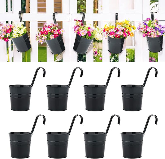 KINGLAKE Flower Pots,10 Pcs Metal Iron Hanging Flower Plant Pots Balcony Garden Plant Planter Baskets Fence Bucket Pot 4'' Flower Holders with Detachable Hook Black KINGLAKE