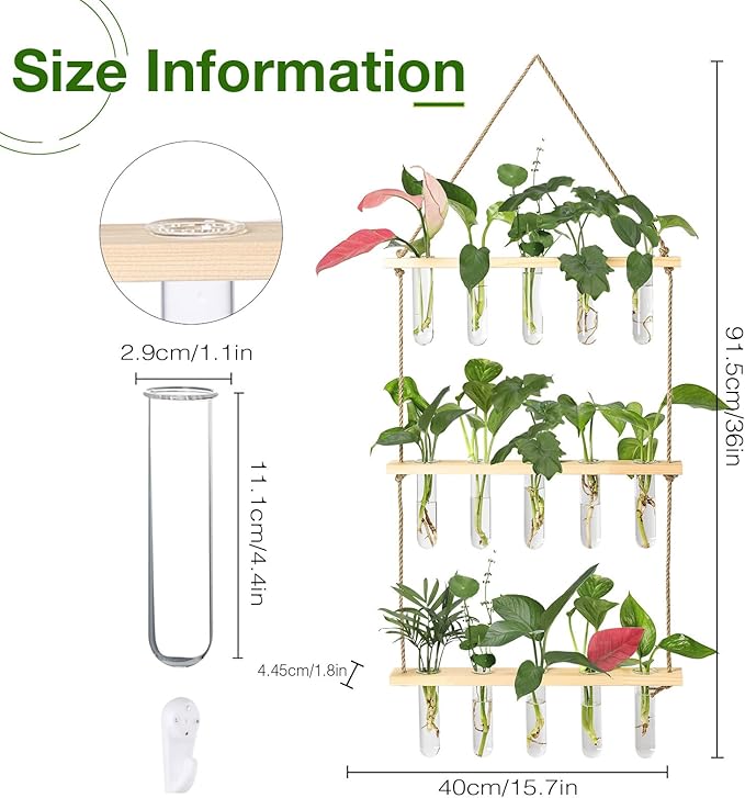 XXXFLOWER Wall Hanging Propagation Station with Wooden Stand 5 Glass Test Tubes 3 Tiers Planters Wall Terrarium for Home Office Plant Hanger Flower Vases Wall Decor Hydroponic Cuttings XXXFLOWER