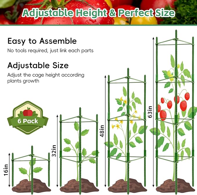 Riare 6 Pack 4 FT Tomato Cages for Garden- 48inches Heavy Duty Garden Stakes, Adjustable Tall Tomato Plant Support Tomato Trellis Cage for Pots, Raised Garden Bed, Climbing Vegetables Plants Flowers Riare