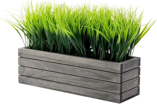MyGift 14 Inch Artificial Green Grass Plant in Vintage Gray Wood Planter Window Box, Faux Greenery in Decorative Rectangular Crate Style Wooden Container MyGiftHome