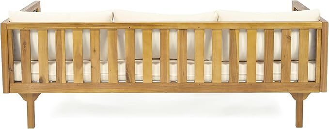 Merax Outdoor Acacia Wood Conversation Set - Patio 3-Seat Loveseat Sofa w/Coushion and Round Coffee Table for Backyard, Lawn, Balcony, Beige +Teak Merax