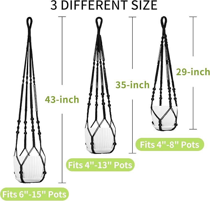 Macrame Plant Hanger - Fits 4 to 15 inches Pots for Indoor Outdoor, 43"/35"/29" Different Sizes Set, Black (POTS NOT Included) IDEEEPAN