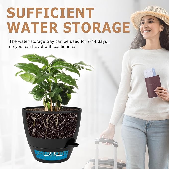 Plant Pots 12/10/9 Inch Self Watering Pots, Set of 3 Plastic Planters with Drainage Holes and Saucers,Plastic Flower Pots,Nursery Planting Pot for Indoor Out Door Plants(Pure Black) QRRICA