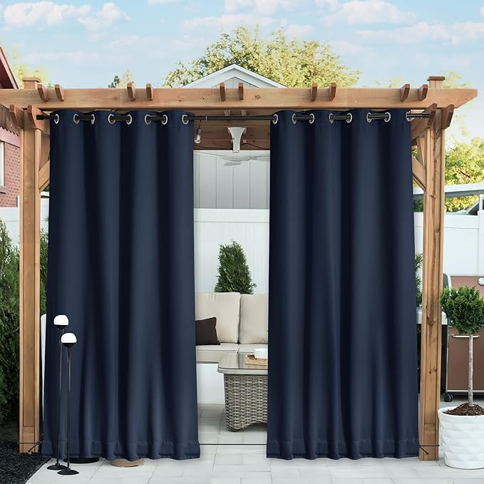 NICETOWN 2 Panels Fixed Outdoor Curtains for Patio Waterproof, Top & Bottom Grommet & Back Tab Windproof Drapes Thermal Insulated Blackout Outdoor Drapes for Gazebo, W52 x L72, Navy Blue, 2 Panels NICETOWN