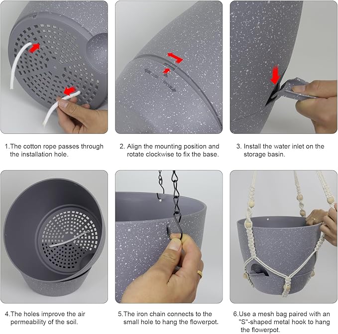 Self Watering Hanging Planters 10 inch, 2 Pack Hanging Flower Pots for Indoor Outdoor Plants, Hanging Baskets with Drainage Holes & 2 Kinds of Plant Hangers for Garden Decor, Speckled Grey Meowell