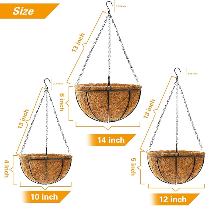 Hanging Plant Basket Flower Holder (2pack, 14 inch)-Metal Wire Round Hanging Basket Planter with Coco Fiber Liners for Plants Flower Pots Indoor Outdoor Garden Porch and Balcony Decor TOOCMEUK