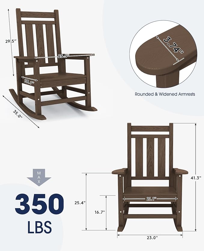 KINGYES Oversized Outdoor Rocking Chair Set of 2, All-Weather Patio Rocking Chairs for Porch, HDPE Outdoor Patio Rockers with High Back & Wide Seat for Garden, Lawn, Coffee KINGYES