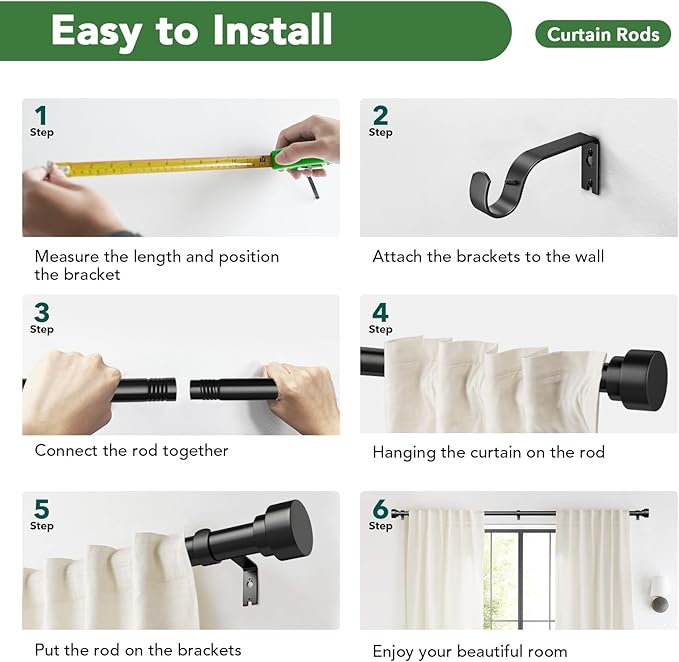Time Forest Curtain Rods for Windows 32 to 240, 1 Inch Adjustable Black Heavy Duty Long Window Outdoor Curtain Rod for Patio, Modern Drapery Rods with Simple End Caps, Size 32"-240" TimeForest