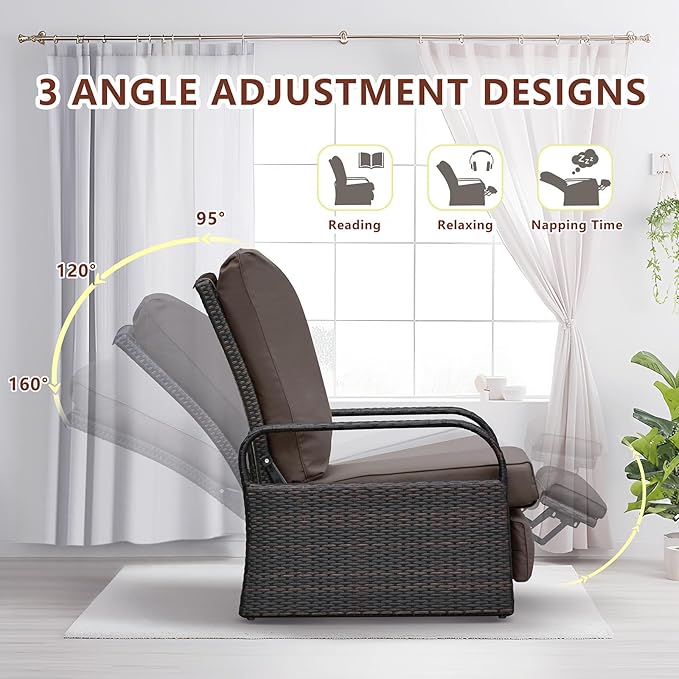 ATR ART TO REAL Outdoor Recliner, Outdoor Wicker Recliner Chair with 5.5'' Thickness Cushions, Automatic Adjustable Rattan Patio Chaise Lounge Chairs, Aluminum Frame, Anti-UV and Rustless ATRARTTOREAL