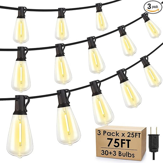 75FT(3x25FT) Outdoor String Lights, Patio Lights with 30+3 LED Dimmable Waterproof Connectable ST38 Bulbs for Outside Porch Balcony, Black Larkvue