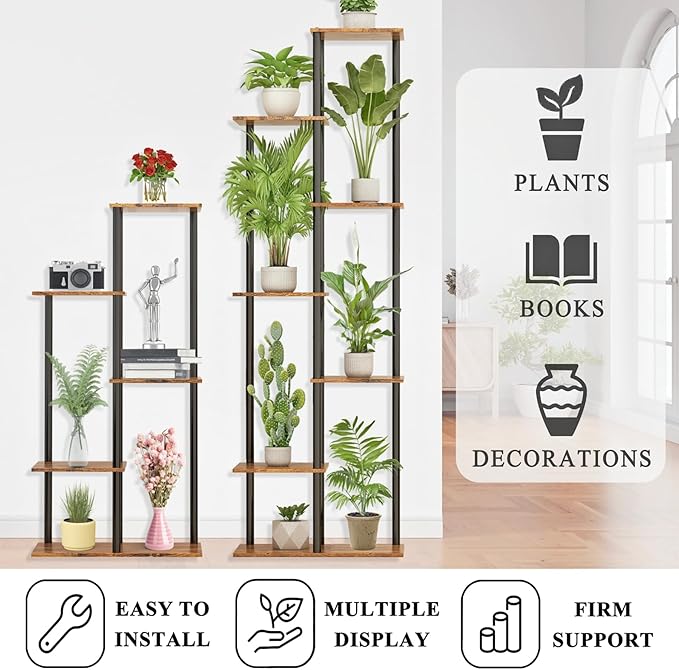 Plant Stand Indoor 5 Tier 6 Potted Metal Wood Plant Shelf, Multiple Flower Pots Corner Tall Plant Holder Stands for Living Room Balcony Bedroom, Rustic Brown GreenLivingSpaces