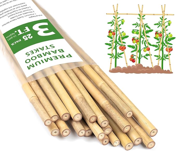 Plant Stakes 3FT, Natural Bamboo Stakes, HAINANSTRY 25Pcs Sturdy Bamboo Garden Stakes, Bamboo Sticks for Plants, Beans, Indoor and Outdoor Climbing Plants, Tomato Vegetable Stakes for Garden HAINANSTRY