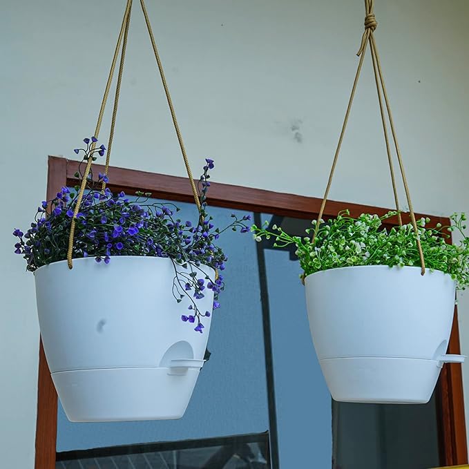 8 inch Hanging Planters, 2 Pack Self Watering Hanging Pots with 20oZ Deep Reservoir for Indoor Outdoor Plants Flowers, White SwinDuck