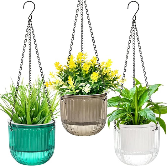 3 Pack Self Watering Hanging Planters, 6.5 Inch Hanging Flower Pot with Drainage Hole, Plastic Hanging Basket with 3 Hooks Chains, Plant Hanger for Indoor Outdoor Plants, Herbs (3 Colors) Pumtus