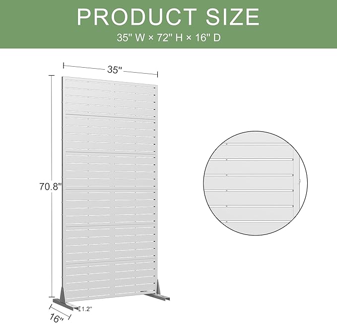 Casaphoria Metal Privacy Screen Outdoor, 72" H x 35" W Freestanding Decorative Privacy Screen for Patio Deck Balcony Garden with Stable Base, White-Louvered Casaphoria