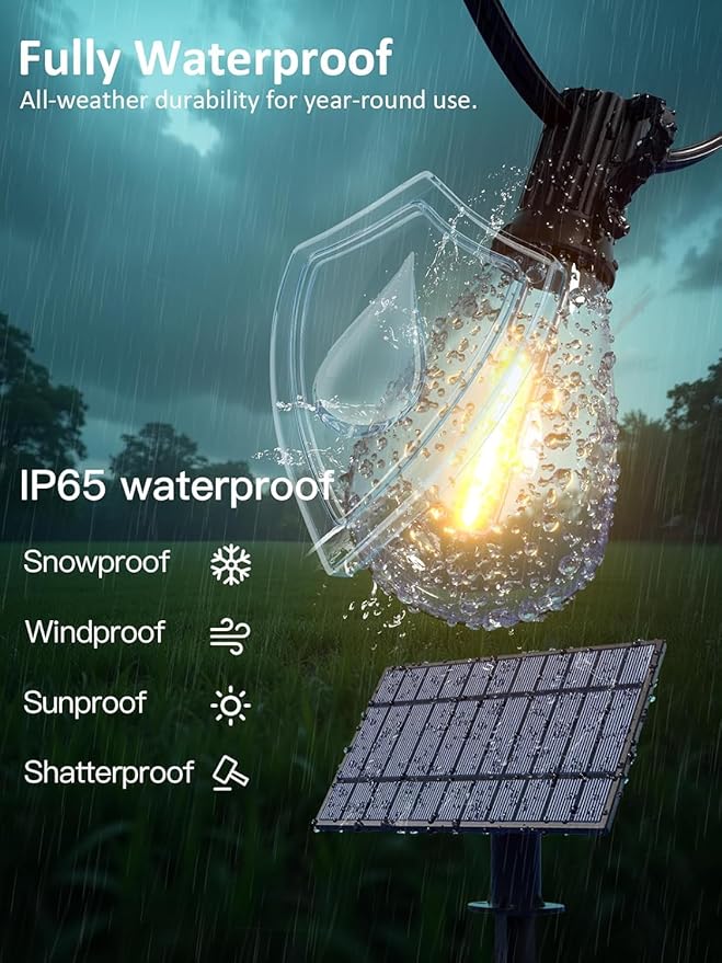 luckystyle 50FT Solar String Lights Outdoor Waterproof 2200K with Remote & USB Charging, 18+1 LED Shatterproof Bulbs, Dimmable & Timable, 3 Light Modes, Long Last for Garden,Patio, Backyard, Camping luckystyle