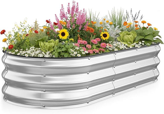 Kesfitt Raised Garden Bed, 5x2x1 FT Galvanized Steel Metal Raised Garden Bed, Oval Open-Bottom Design, 12-Inch Deep for Outdoor Vegetable & Herb Gardening, Silver Kesfitt