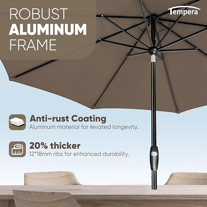 Tempera Patio Market Outdoor Table Umbrella with Auto Tilt and Crank, Large Sun Umbrella with Sturdy Pole & Fade Resistant Canopy, Easy to Set TemperaPatioLife